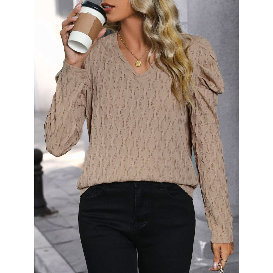 Textured V-Neck Long Sleeve Top Mocha / S Apparel and Accessories