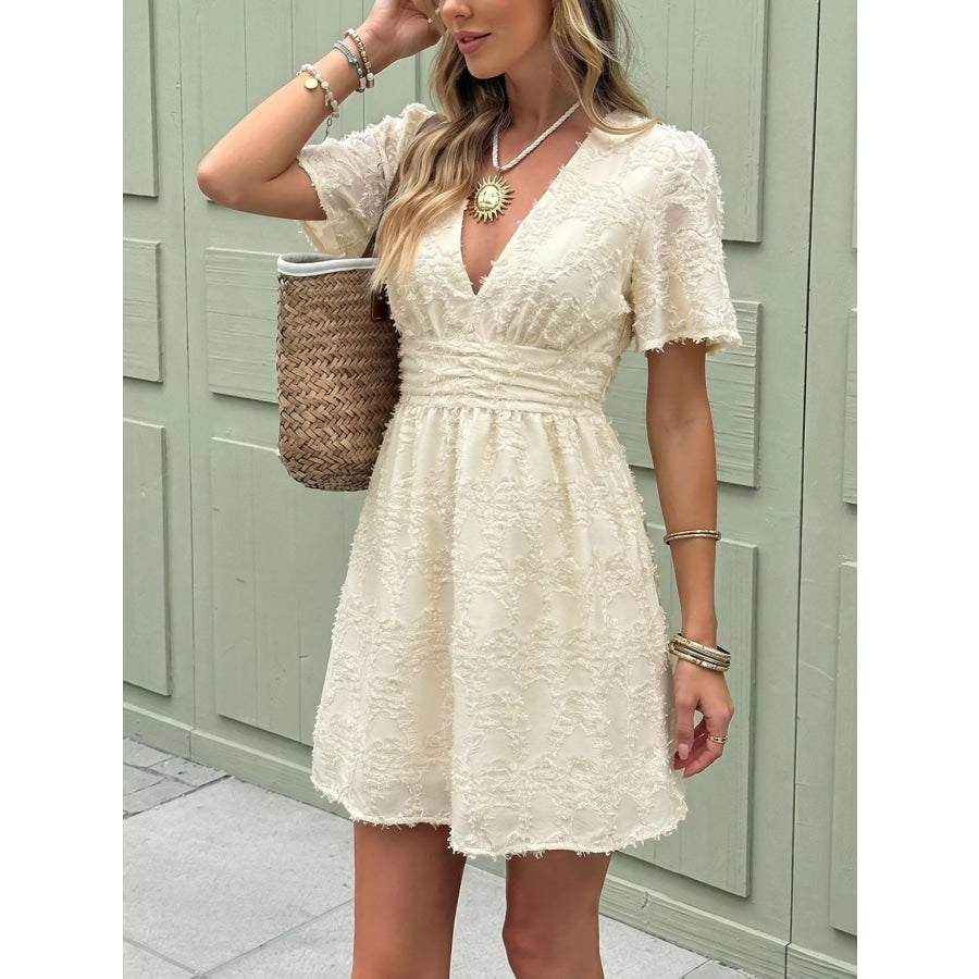 Textured V-Neck Mini Dress Apparel and Accessories