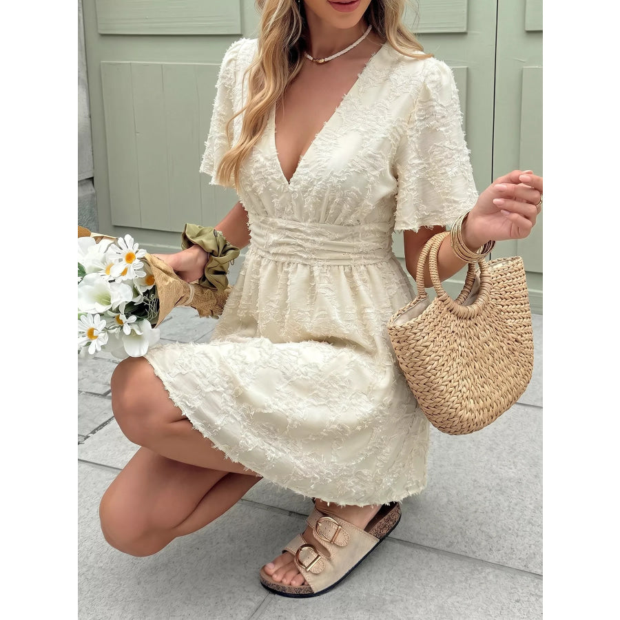 Textured V-Neck Mini Dress Apparel and Accessories
