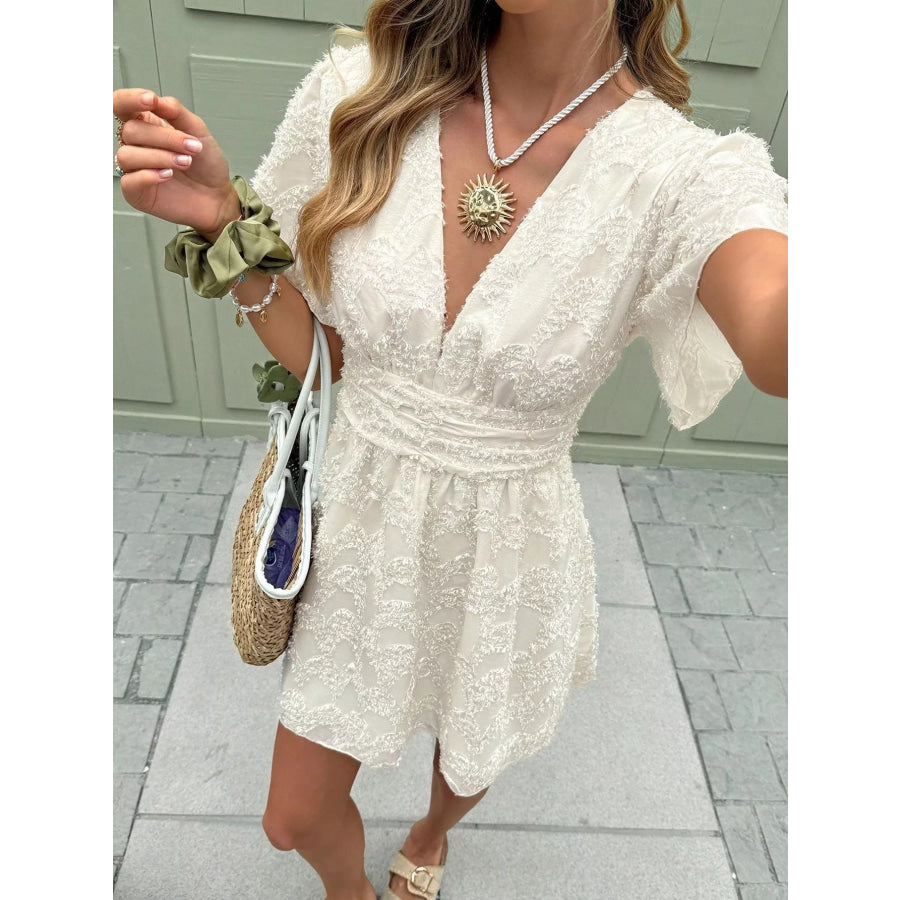Textured V-Neck Mini Dress Apricot / S Apparel and Accessories