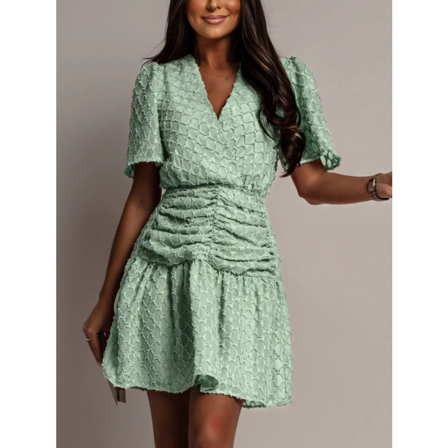 Textured V-Neck Ruched Mini Dress Apparel and Accessories