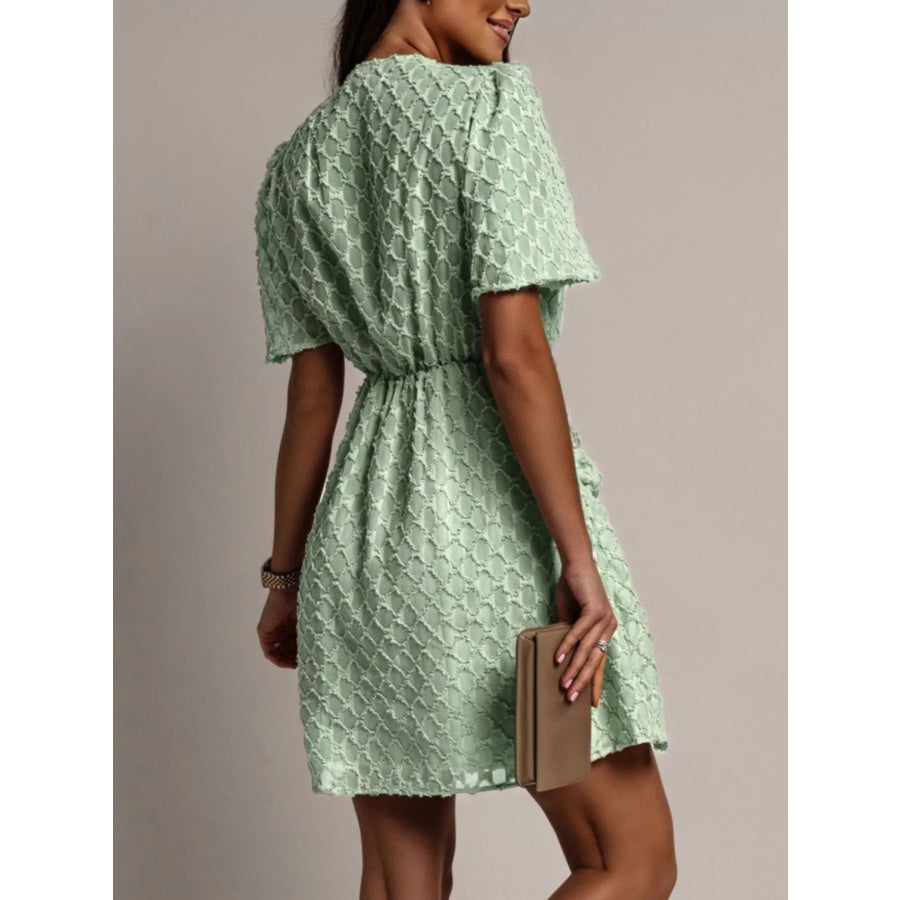Textured V-Neck Ruched Mini Dress Apparel and Accessories
