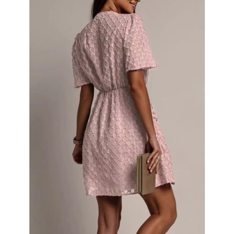 Textured V-Neck Ruched Mini Dress Apparel and Accessories