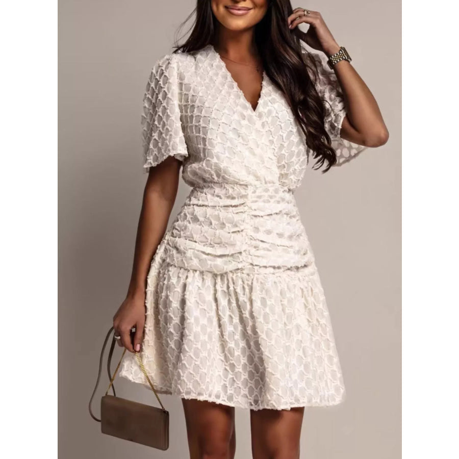 Textured V-Neck Ruched Mini Dress Off-white / S Apparel and Accessories