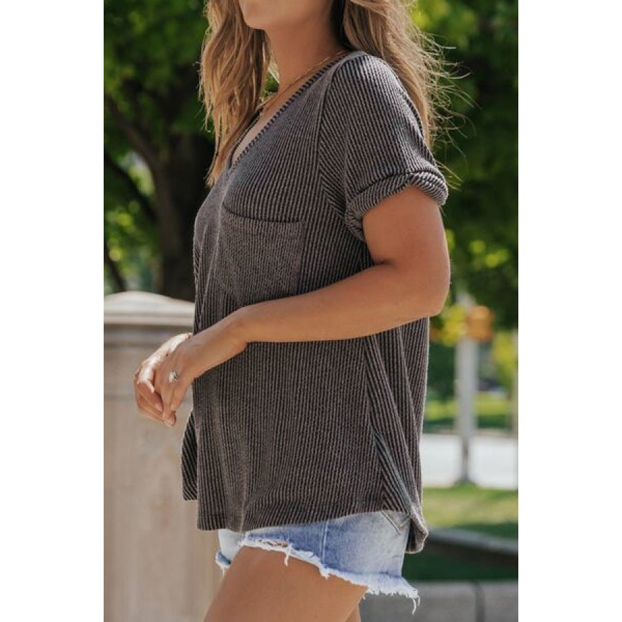 Textured V-Neck Short Sleeve T-Shirt Clothing