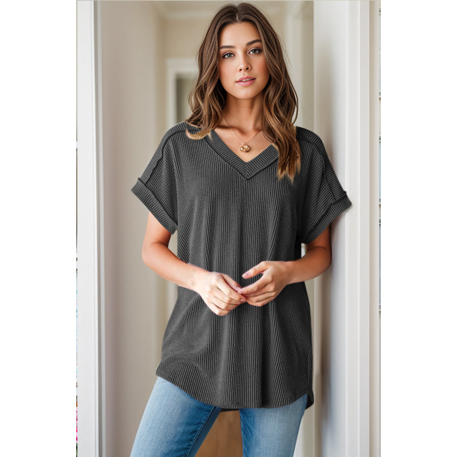 Textured V-Neck Short Sleeve Top Apparel and Accessories