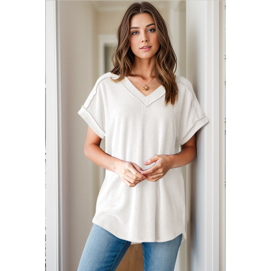 Textured V-Neck Short Sleeve Top Apparel and Accessories