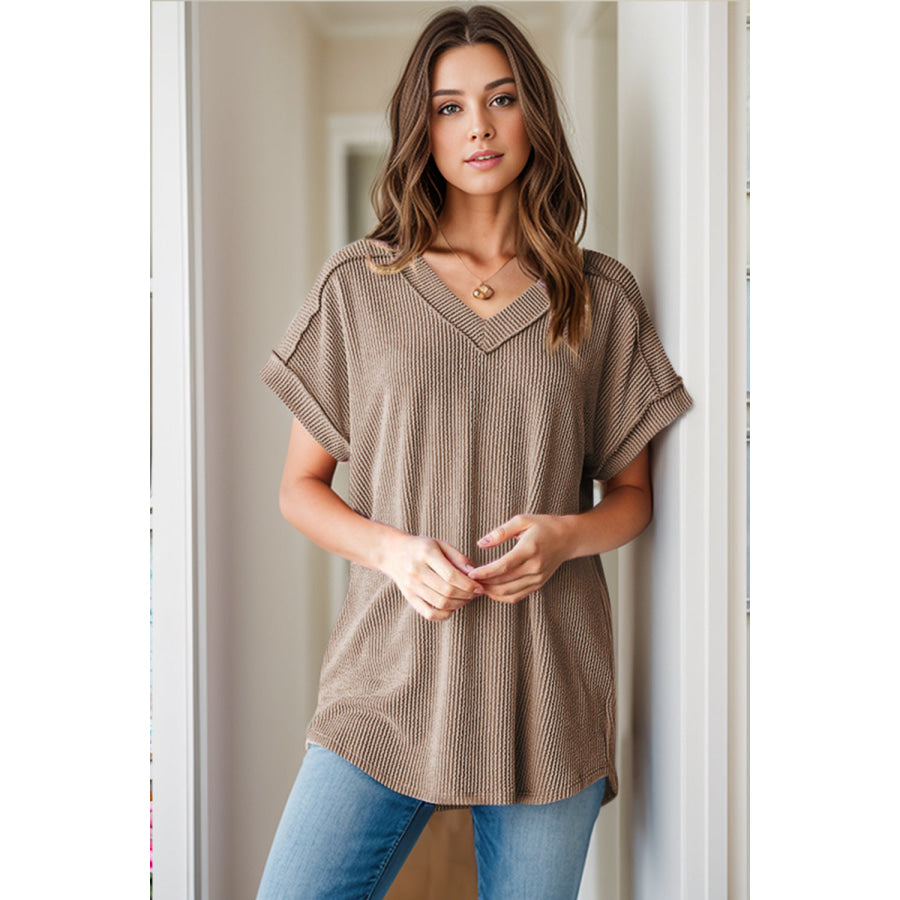 Textured V-Neck Short Sleeve Top Apparel and Accessories