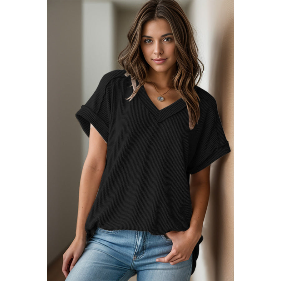 Textured V-Neck Short Sleeve Top Apparel and Accessories