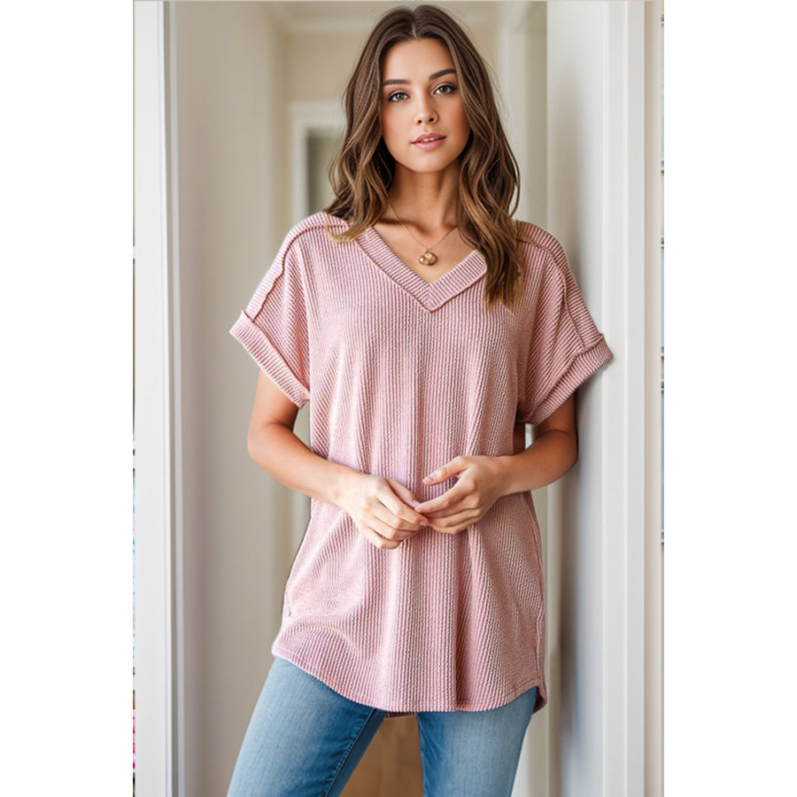 Textured V-Neck Short Sleeve Top Apparel and Accessories