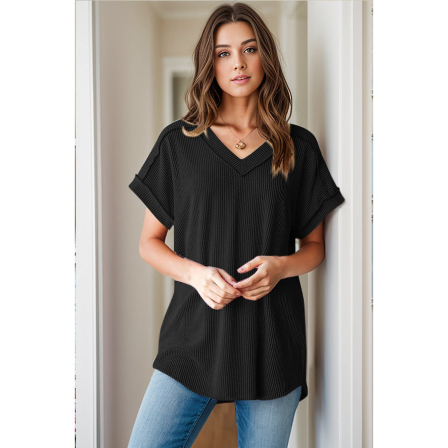 Textured V-Neck Short Sleeve Top Black / S Apparel and Accessories