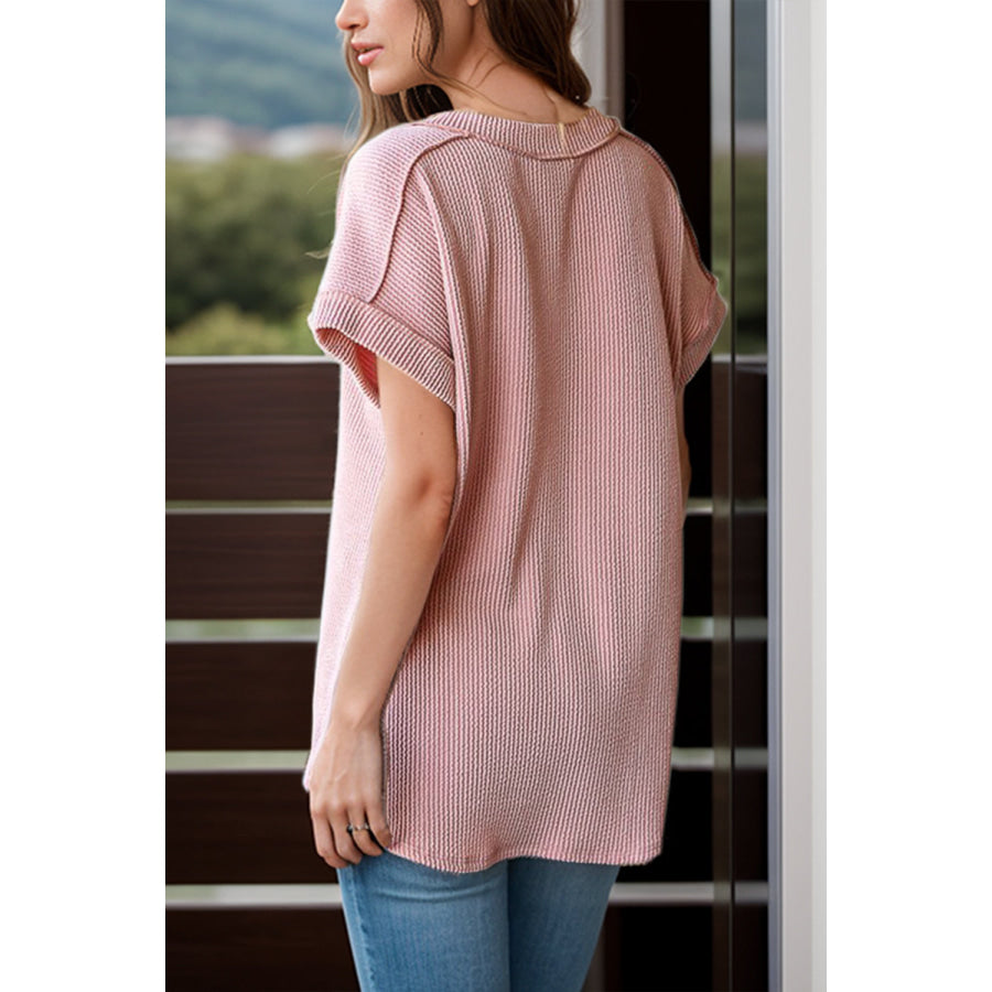 Textured V-Neck Short Sleeve Top Dusty Pink / S Apparel and Accessories