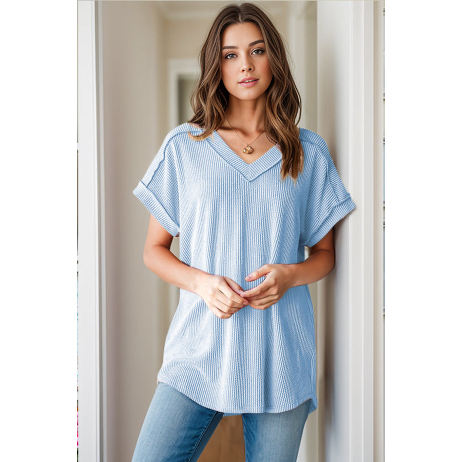 Textured V-Neck Short Sleeve Top Light Blue / S Apparel and Accessories