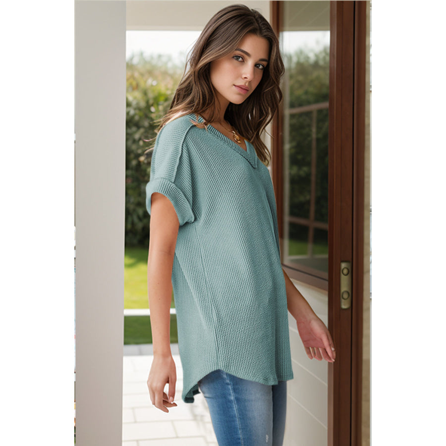 Textured V-Neck Short Sleeve Top Turquoise / S Apparel and Accessories