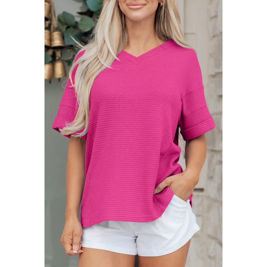 Textured Waffle Knit V-Neck T-Shirt Hot Pink / S Apparel and Accessories