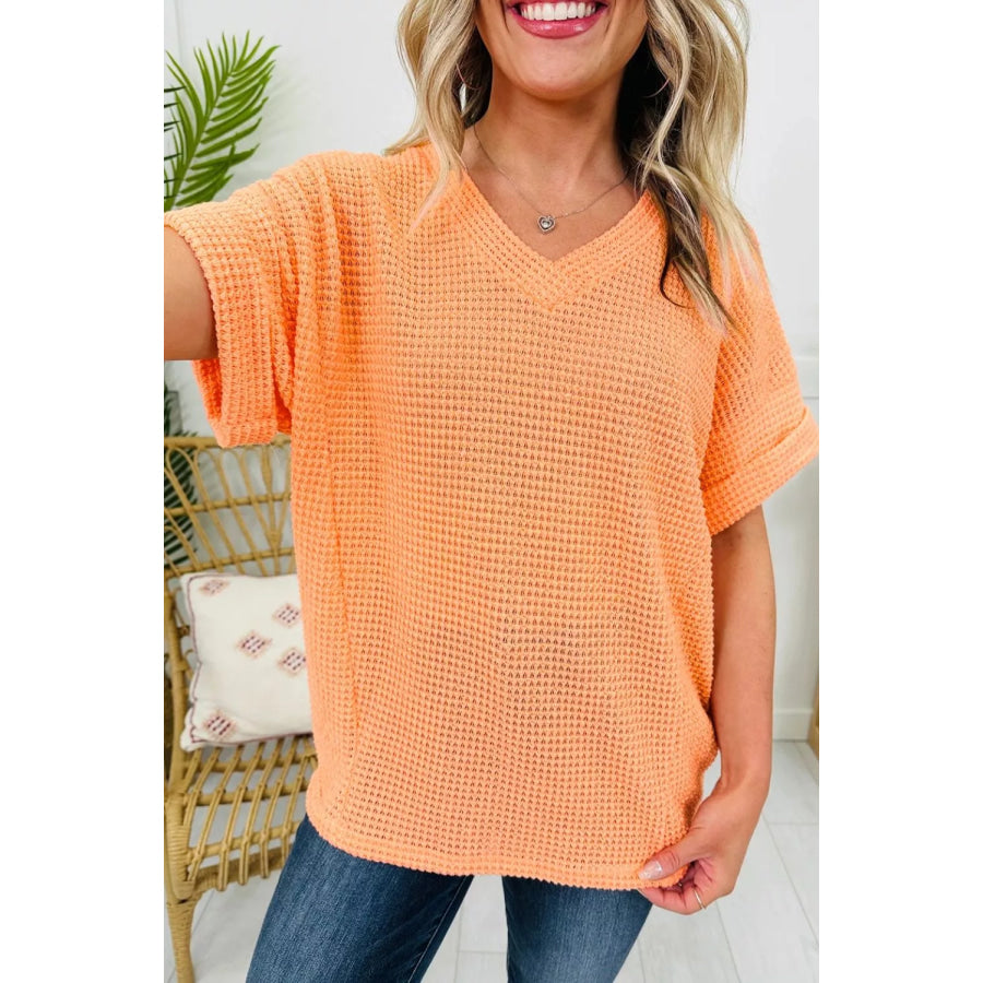 Textured Waffle Knit V-Neck T-Shirt Sherbet / S Apparel and Accessories