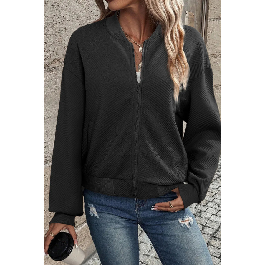 Textured Zip Up Baseball Collar Jacket Apparel and Accessories