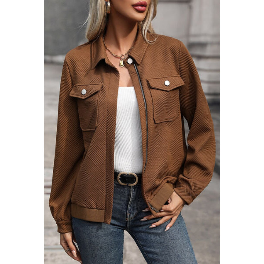 Textured Zip Up Collared Neck Jacket Burnt Umber / S Clothing