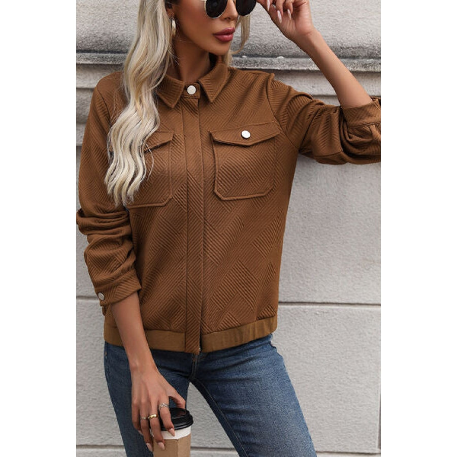 Textured Zip Up Collared Neck Jacket Clothing