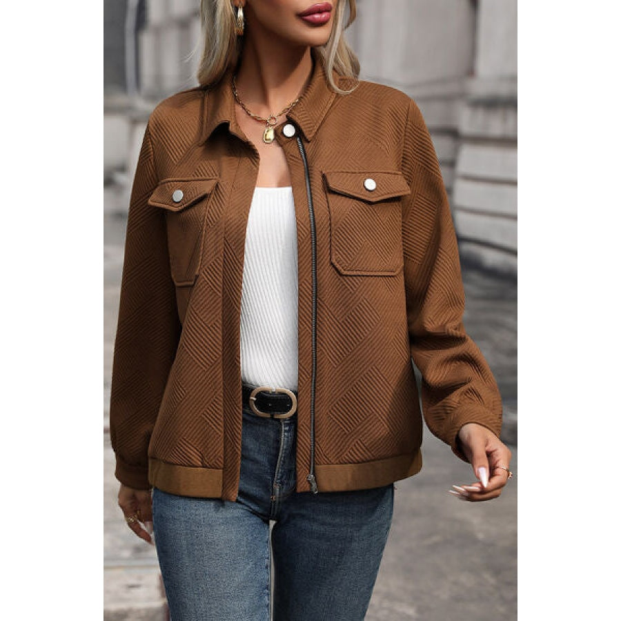 Textured Zip Up Collared Neck Jacket Clothing