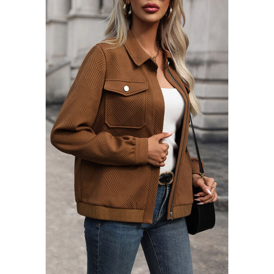 Textured Zip Up Collared Neck Jacket Clothing