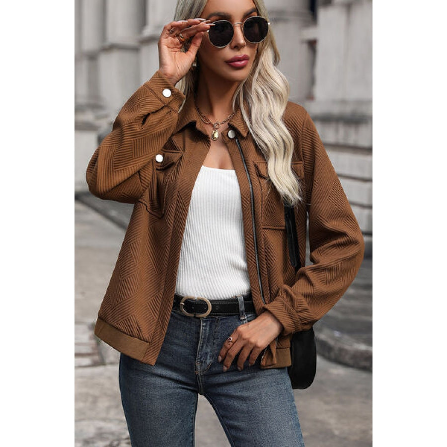 Textured Zip Up Collared Neck Jacket Clothing