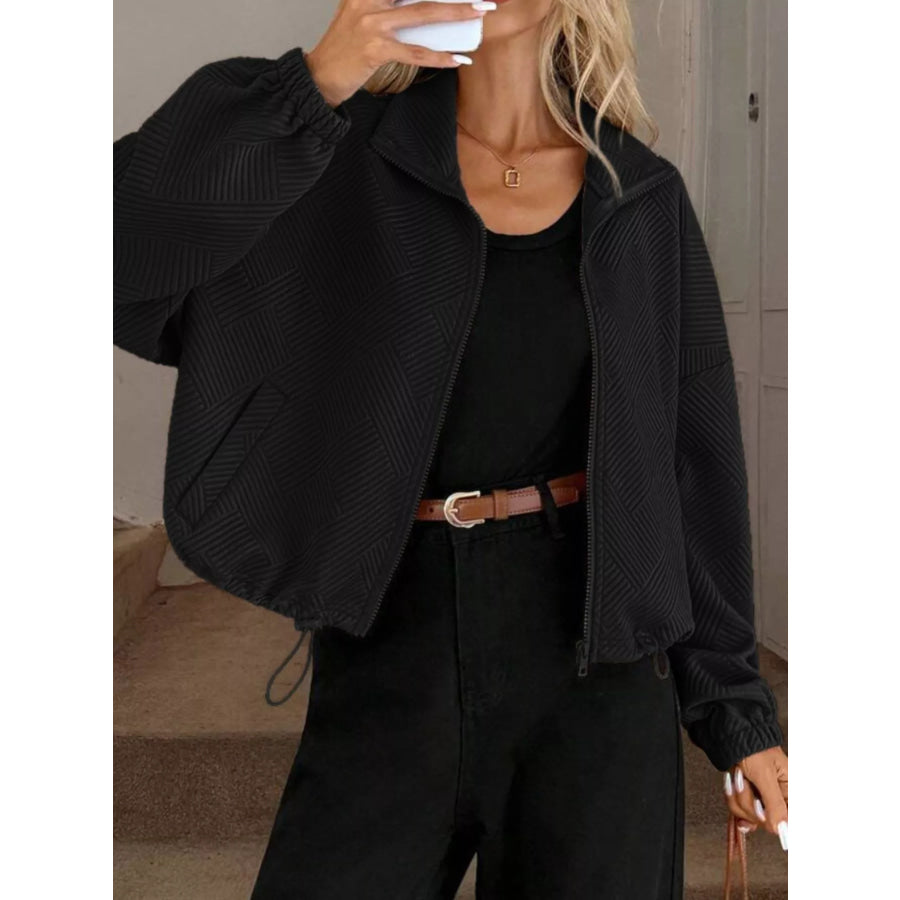 Textured Zip-Up Drawstring Hem Jacket Apparel and Accessories