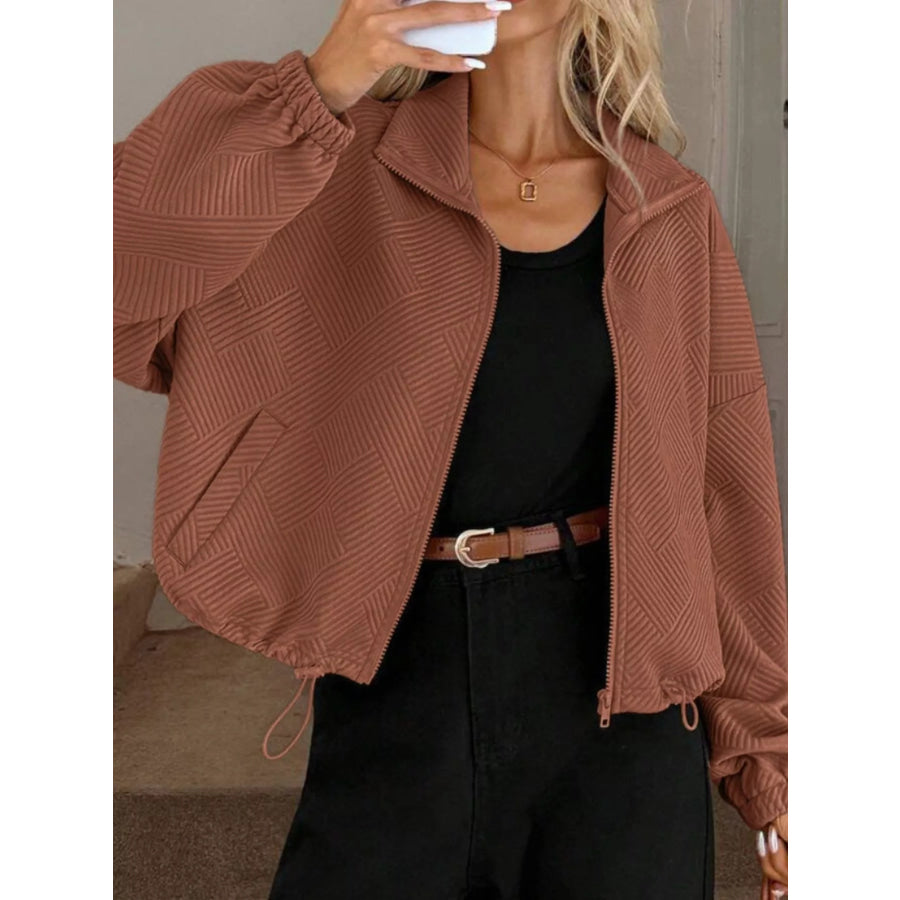 Textured Zip-Up Drawstring Hem Jacket Apparel and Accessories