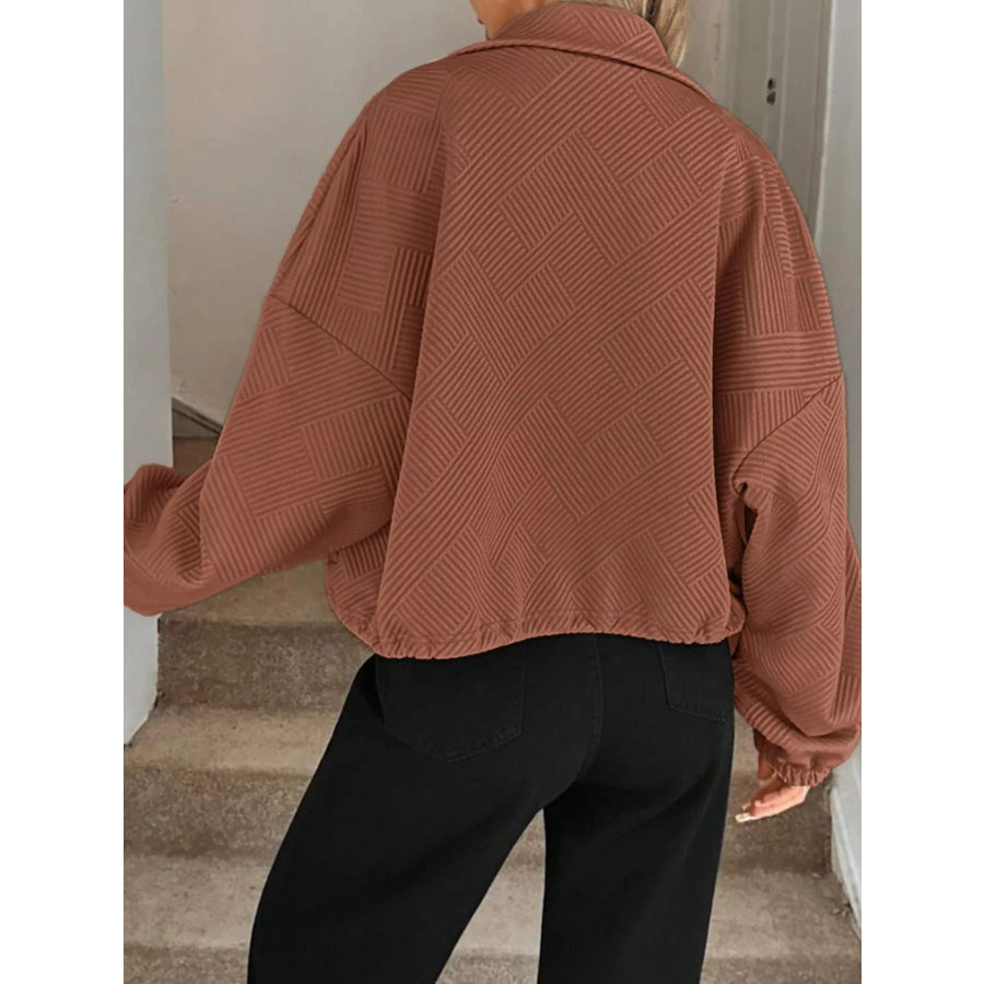 Textured Zip-Up Drawstring Hem Jacket Apparel and Accessories