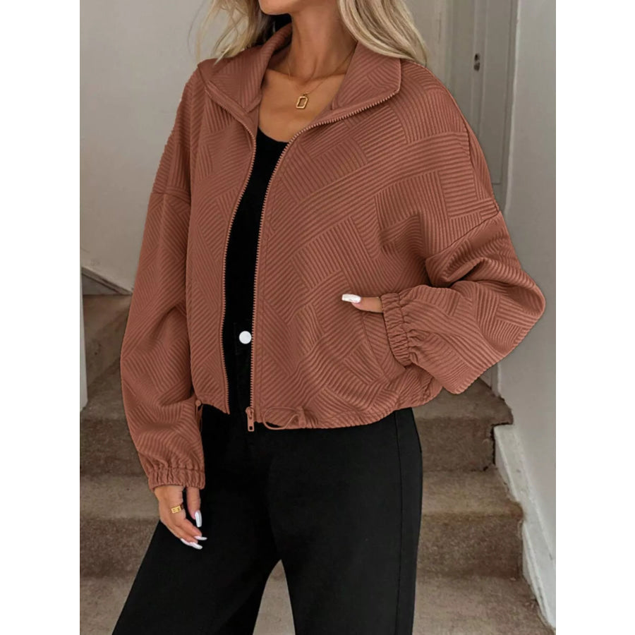 Textured Zip-Up Drawstring Hem Jacket Apparel and Accessories