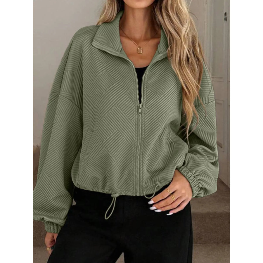 Textured Zip-Up Drawstring Hem Jacket Apparel and Accessories