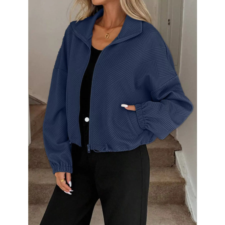 Textured Zip-Up Drawstring Hem Jacket Apparel and Accessories
