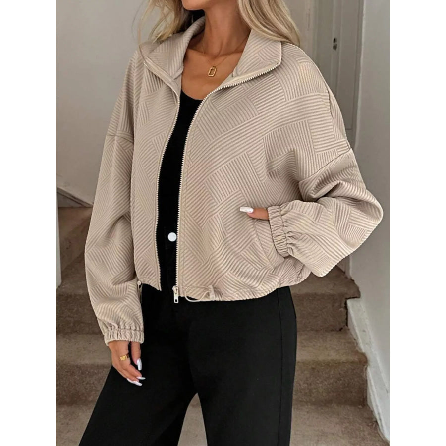 Textured Zip-Up Drawstring Hem Jacket Apparel and Accessories