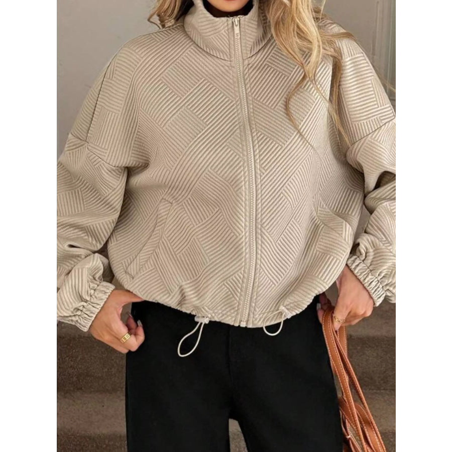 Textured Zip-Up Drawstring Hem Jacket Apparel and Accessories