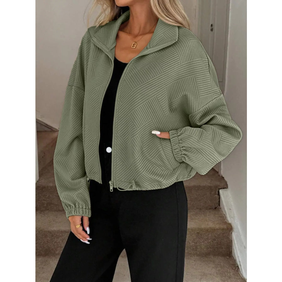 Textured Zip-Up Drawstring Hem Jacket Apparel and Accessories
