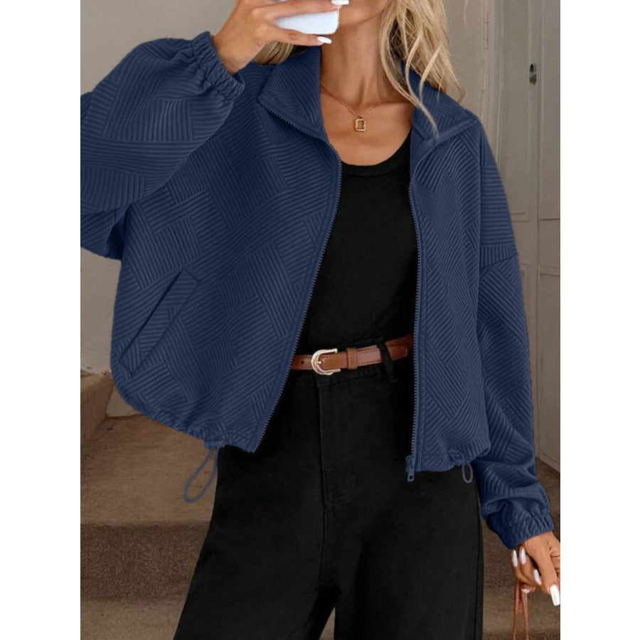 Textured Zip-Up Drawstring Hem Jacket Apparel and Accessories