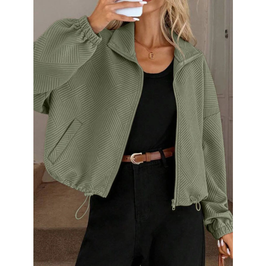 Textured Zip-Up Drawstring Hem Jacket Apparel and Accessories