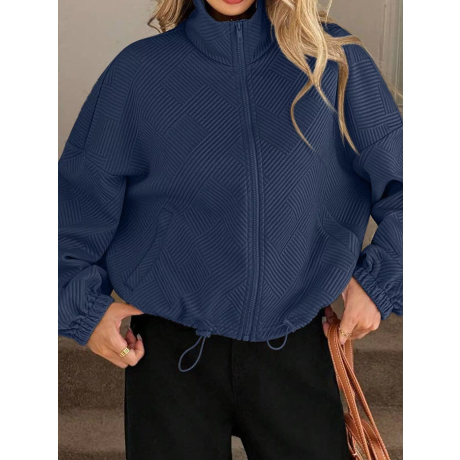 Textured Zip-Up Drawstring Hem Jacket Apparel and Accessories