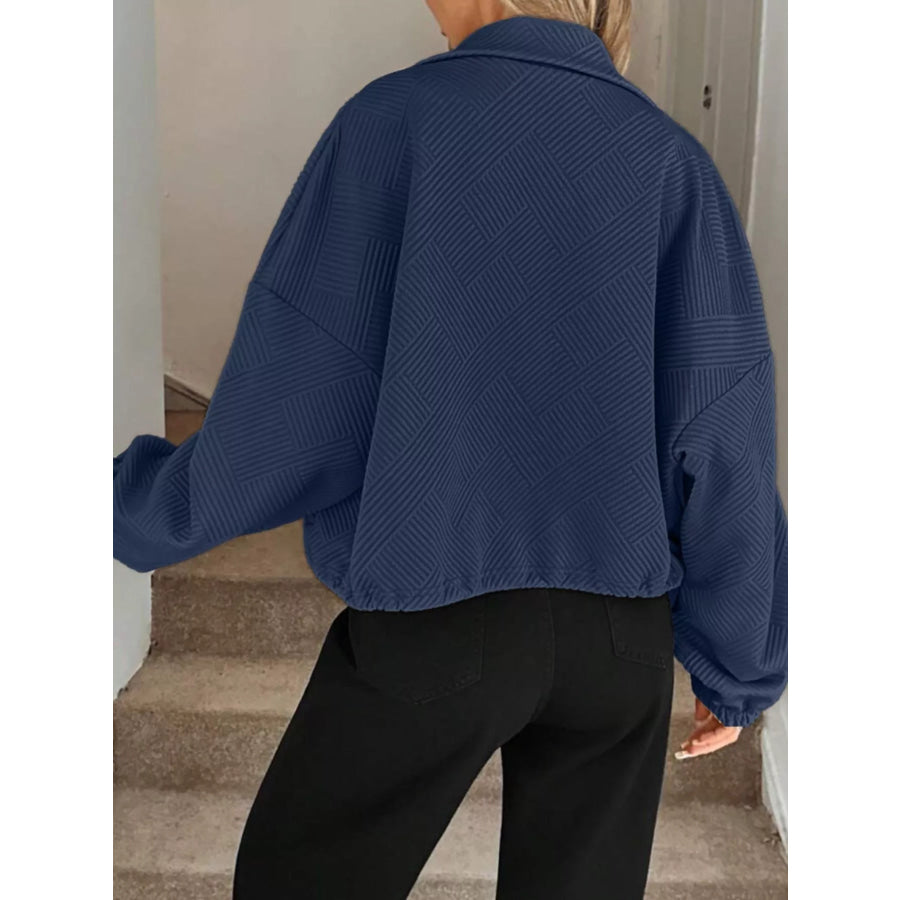 Textured Zip-Up Drawstring Hem Jacket Apparel and Accessories