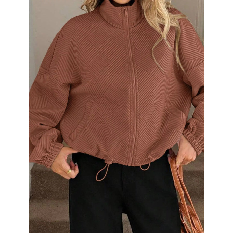 Textured Zip-Up Drawstring Hem Jacket Apparel and Accessories