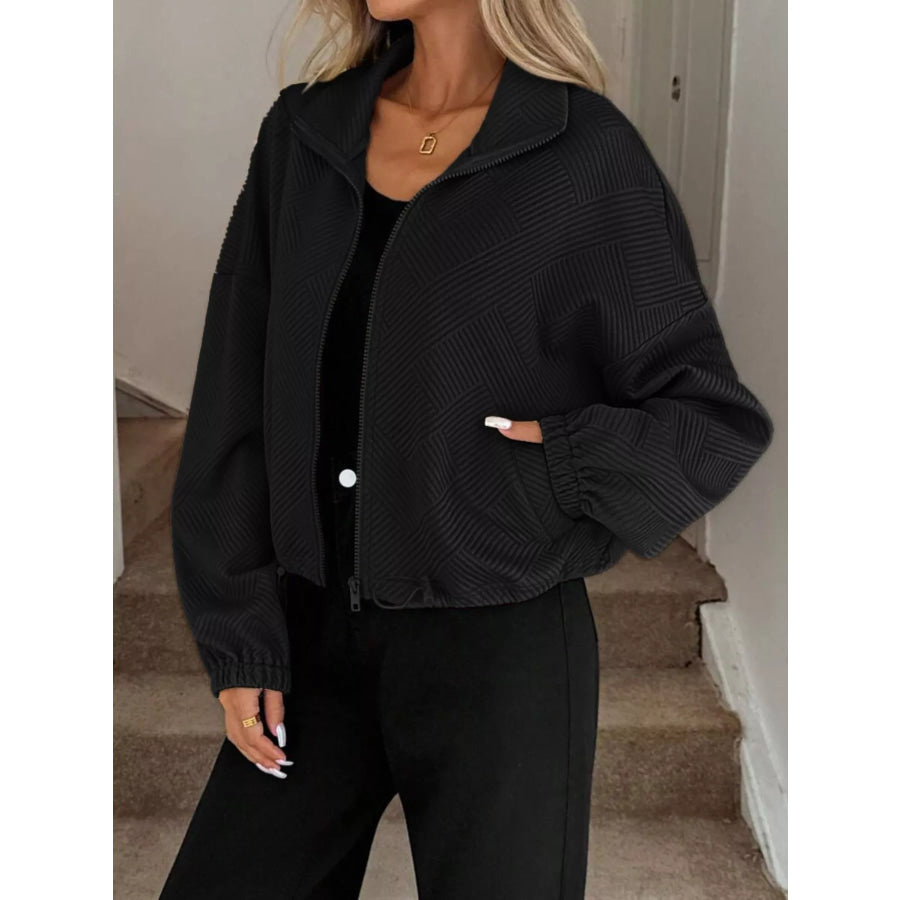 Textured Zip-Up Drawstring Hem Jacket Apparel and Accessories