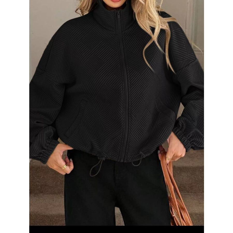 Textured Zip-Up Drawstring Hem Jacket Apparel and Accessories