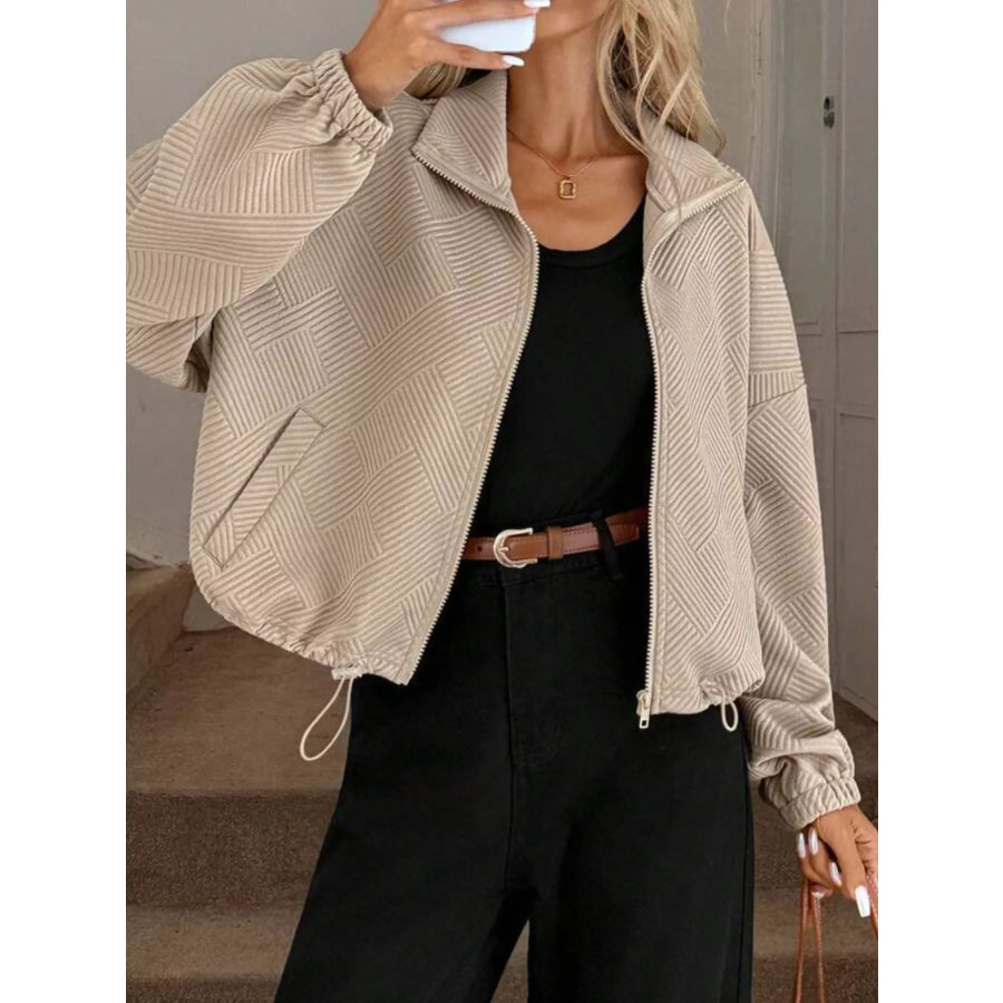 Textured Zip-Up Drawstring Hem Jacket Apparel and Accessories