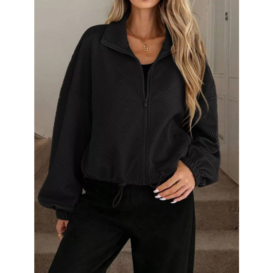 Textured Zip-Up Drawstring Hem Jacket Black / S Apparel and Accessories