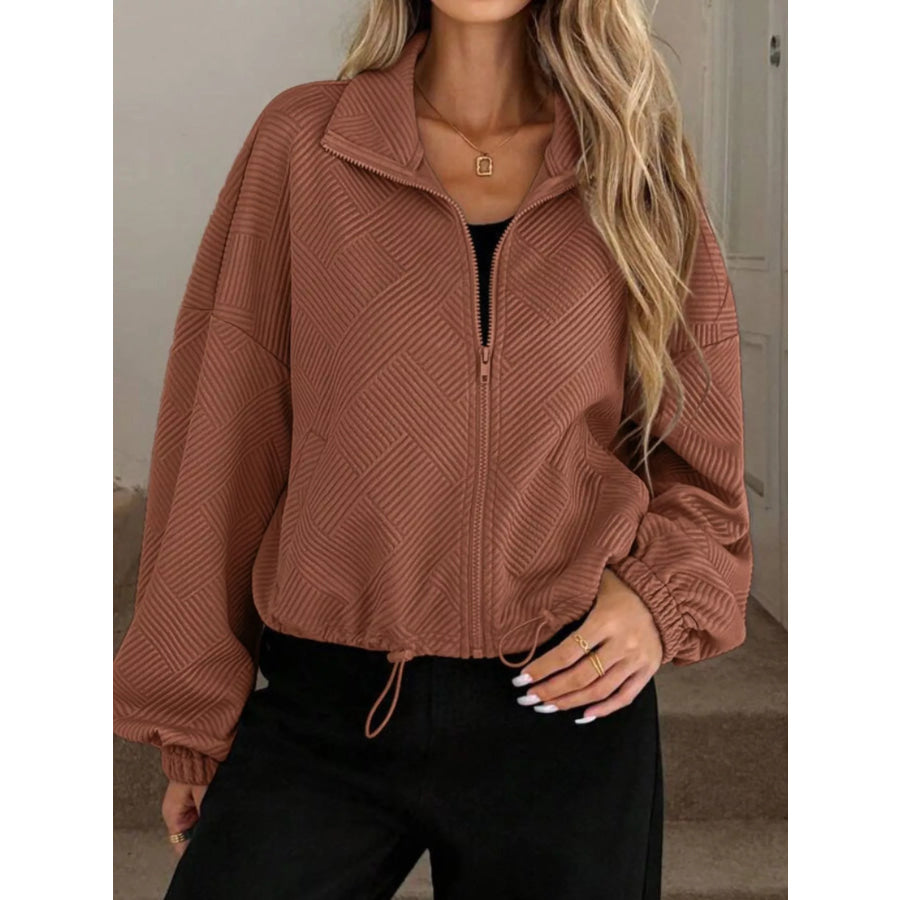 Textured Zip-Up Drawstring Hem Jacket Burgundy / S Apparel and Accessories