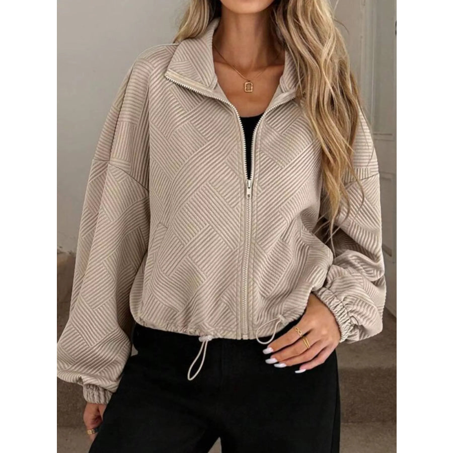 Textured Zip-Up Drawstring Hem Jacket Khaki / S Apparel and Accessories