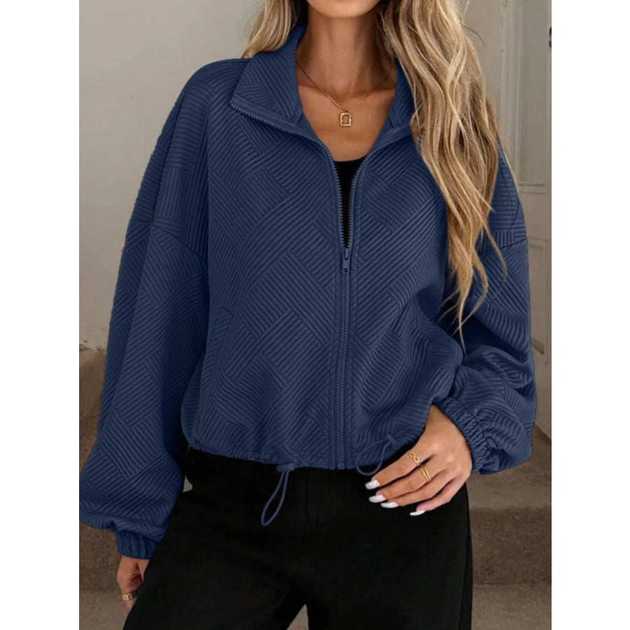Textured Zip-Up Drawstring Hem Jacket Navy / S Apparel and Accessories