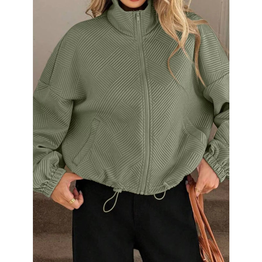 Textured Zip-Up Drawstring Hem Jacket Sage / S Apparel and Accessories