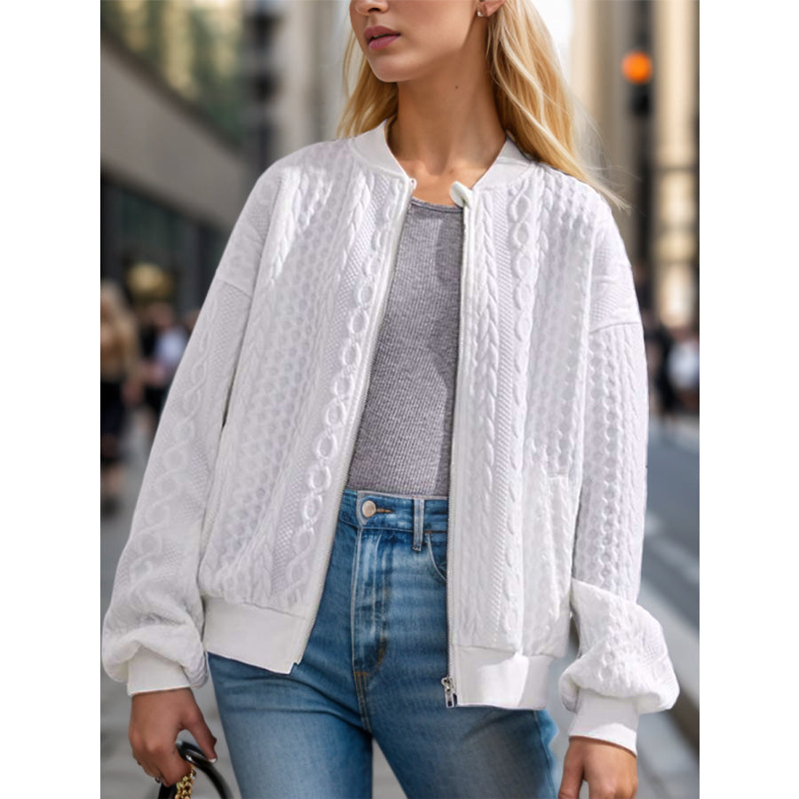 Textured Zip Up Dropped Shoulder Jacket White / S Apparel and Accessories