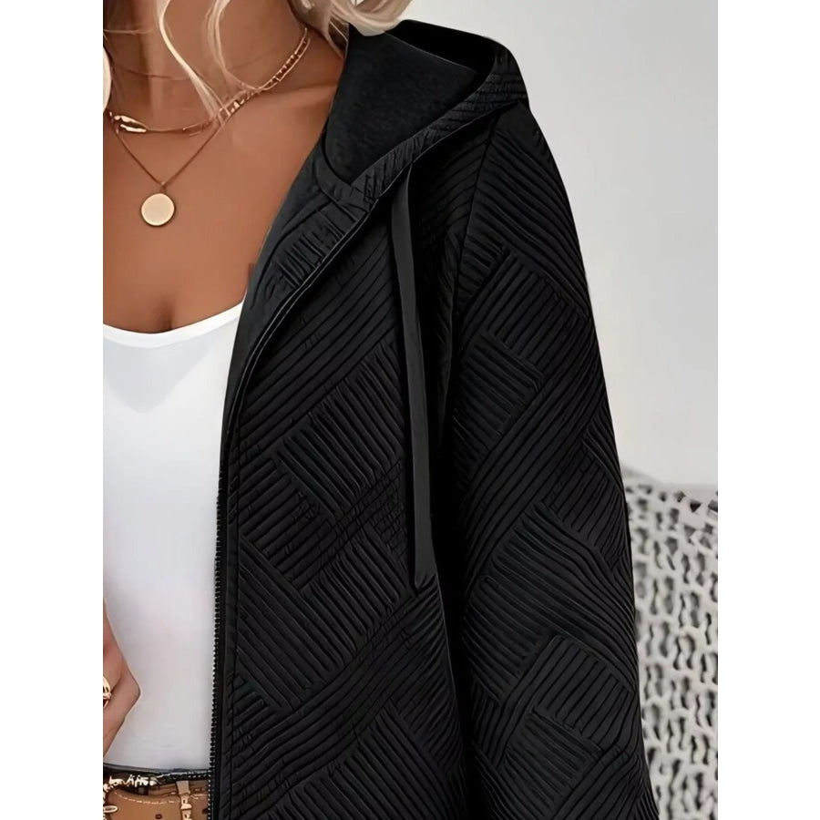 Textured Zip-Up Hooded Jacket Black / S Apparel and Accessories